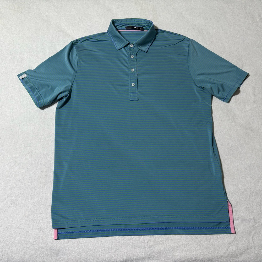 RLX Ralph Lauren Polo Shirt Mens Large Blue Green Pink Striped Golf Wicking